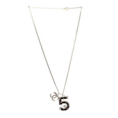 Chanel Lambskin Crystal CC Number 5 Pendant Necklace Gold Black 3 of 5