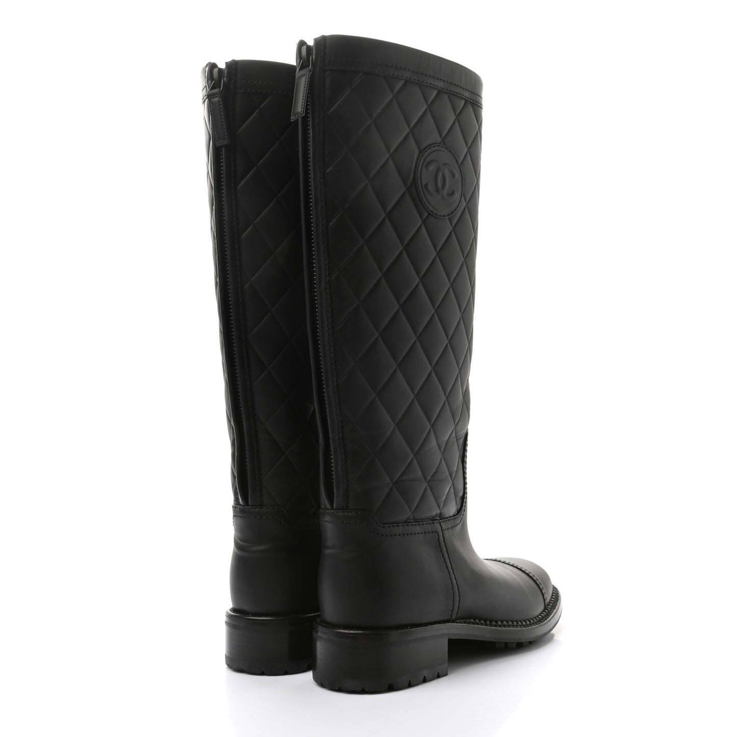 Oily Calfskin Quilted High Boots 37 Black