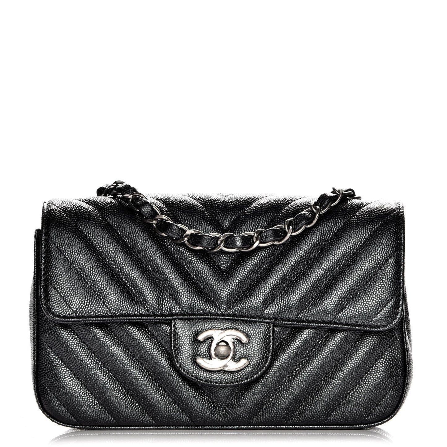Metallic Caviar Chevron Quilted Mini Rectangular Flap Black