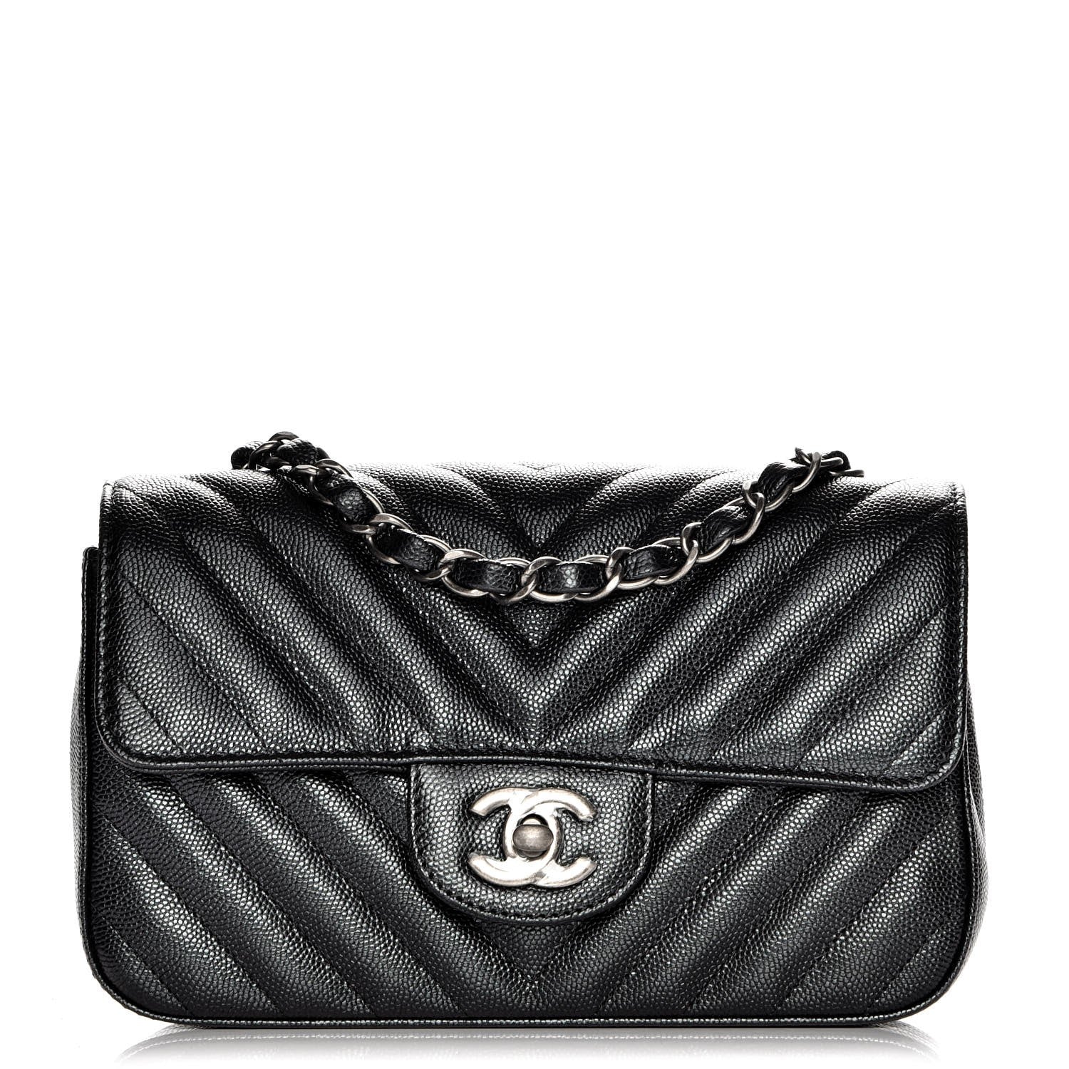 Chanel Metallic Caviar Chevron Quilted Mini Rectangular Flap Black 1 of 8