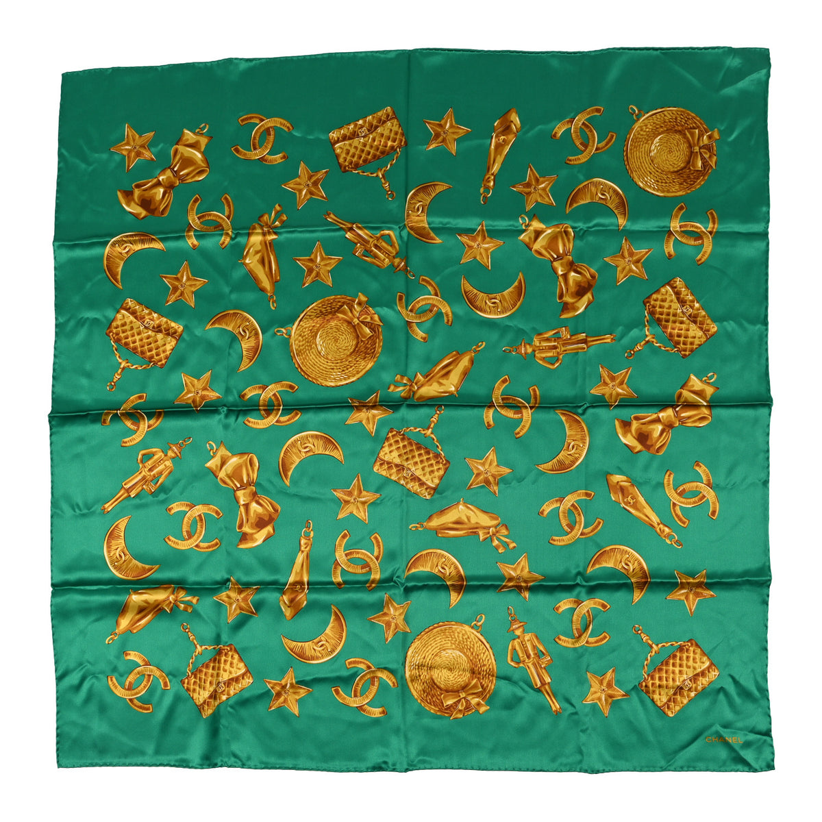 Chanel Silk CC Charms Square Scarf Green Gold 1 of 3