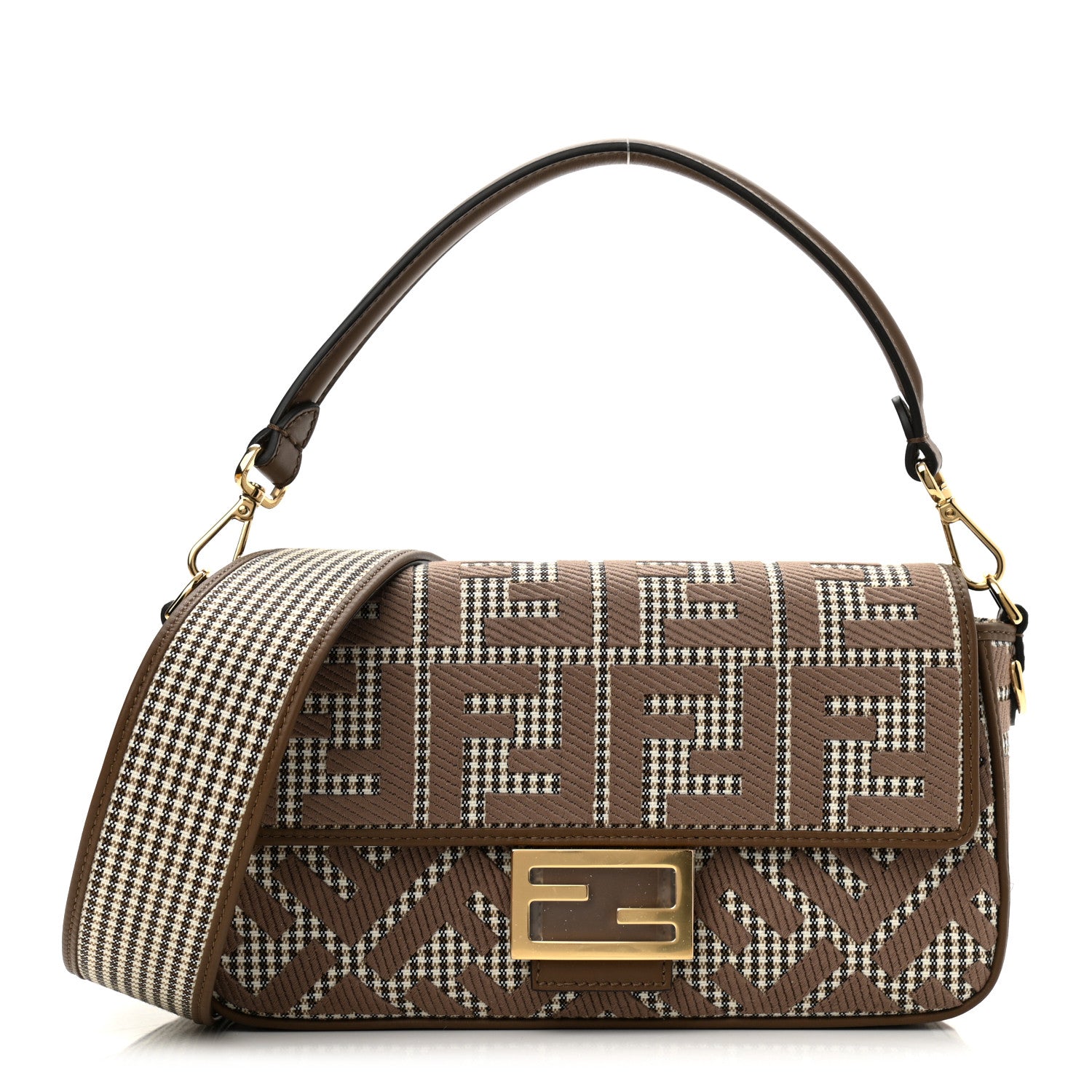 Fendi Wool Vitello King Houndstooth FF Embroidered Baguette Beige Moro 1 of 9
