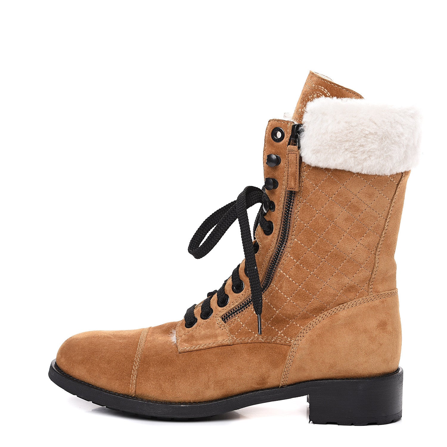 Chanel Suede Calfskin Shearling Quilted CC Tall Lace Up Combat Boots 42 Marron Ecru 1 of 10