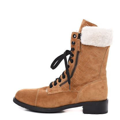 Chanel Suede Calfskin Shearling Quilted CC Tall Lace Up Combat Boots 42 Marron Ecru 1 of 10