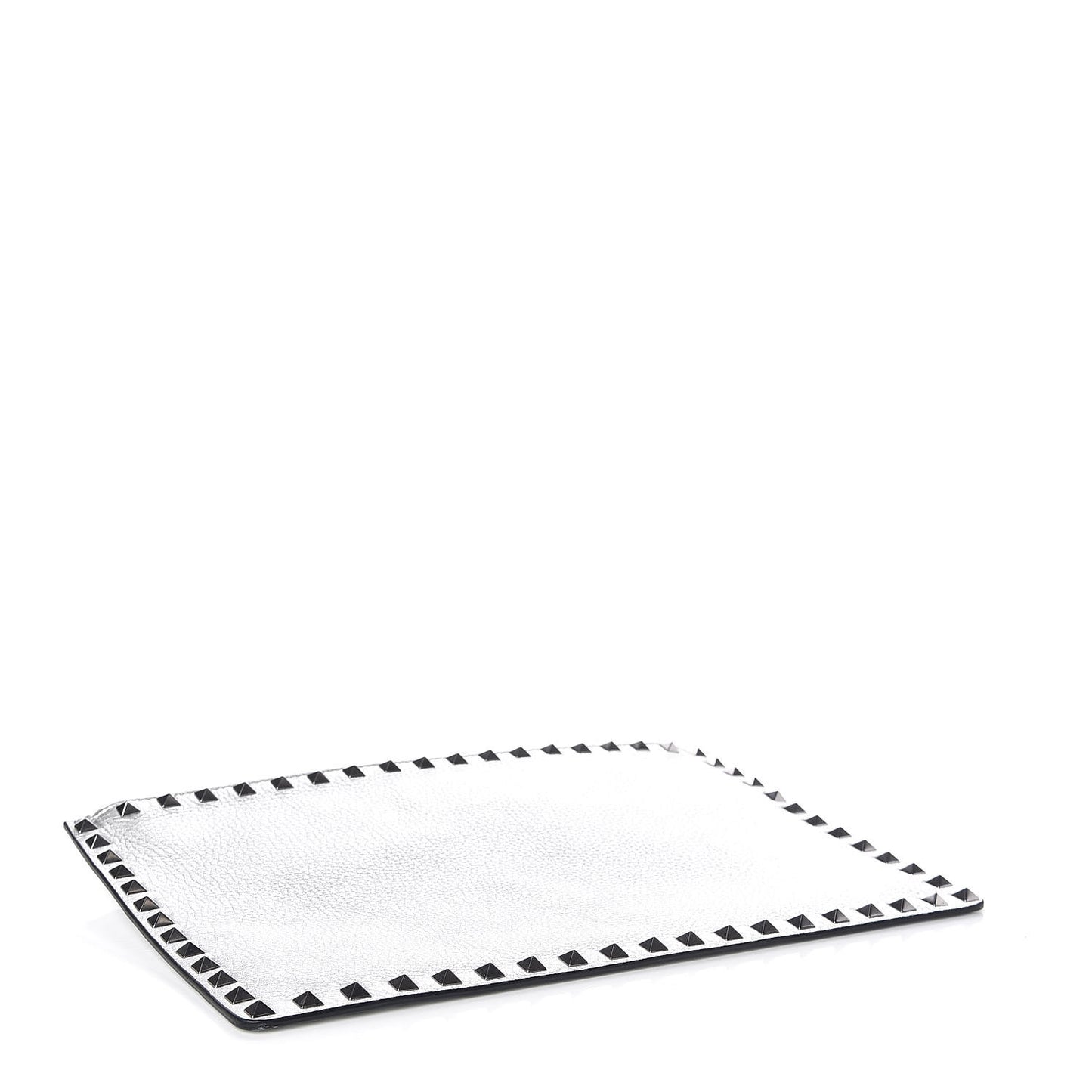 Metallic Pebbled Calfskin Large Rockstud Zip Pouch Silver