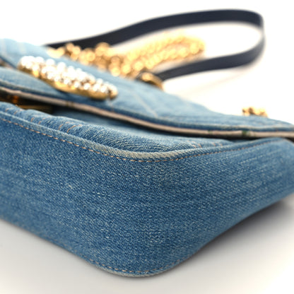 Gucci Denim Matelasse Mini Pearly GG Marmont Shoulder Bag Blue 9 of 9