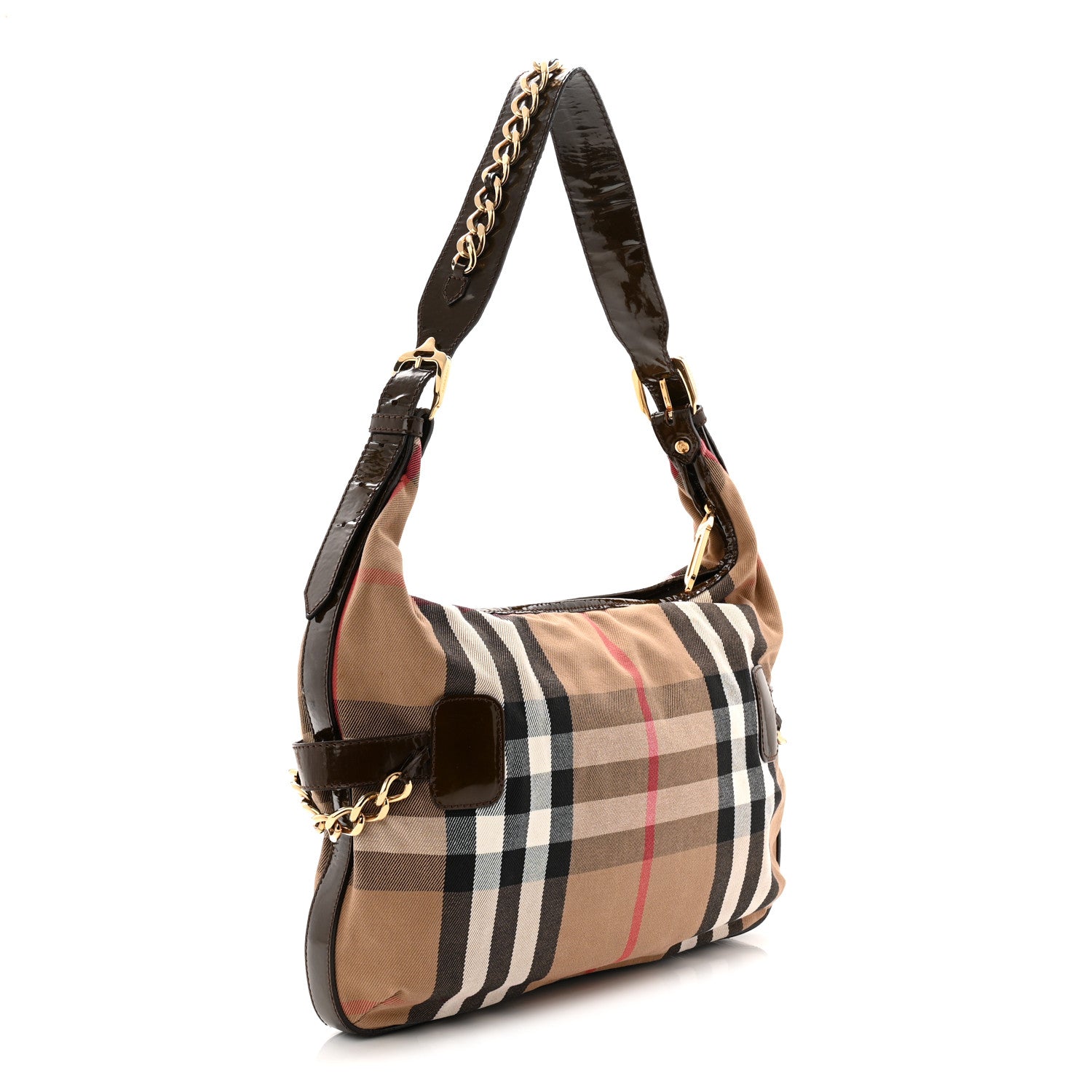 Burberry Patent House Check Chain Hobo Brown 4 of 19