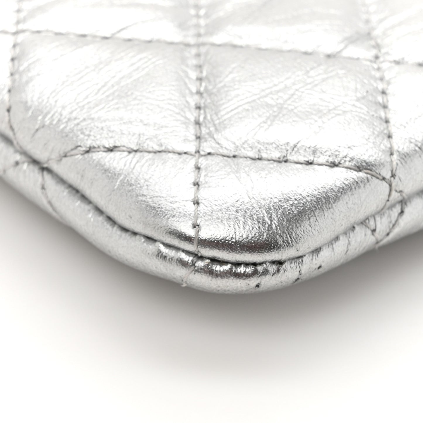 Metallic Aged Calfskin Quilted Small Cosmetic Pouch Silver