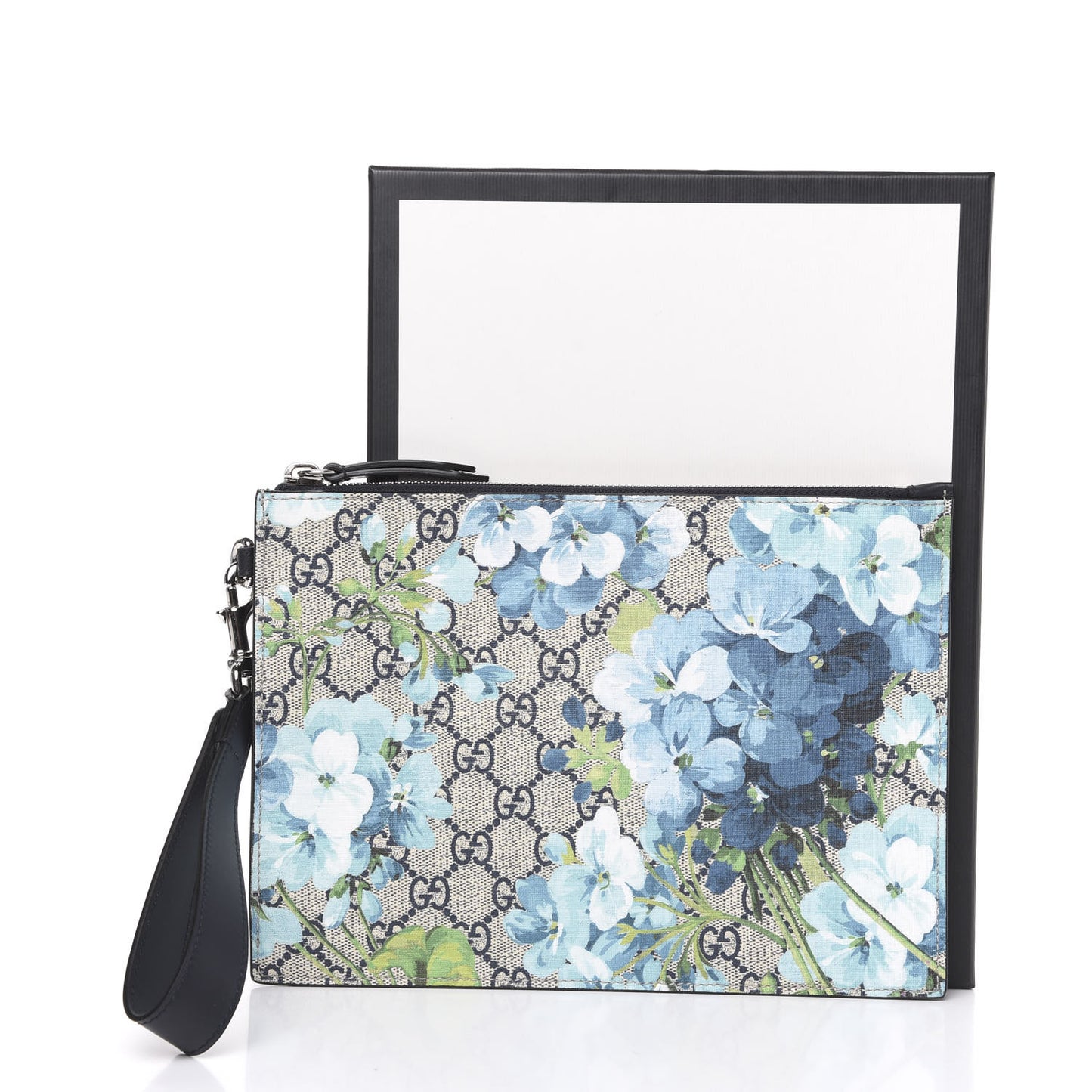 GG Supreme Monogram Blooms Small Zip Wristlet Pouch Beige Blue Black
