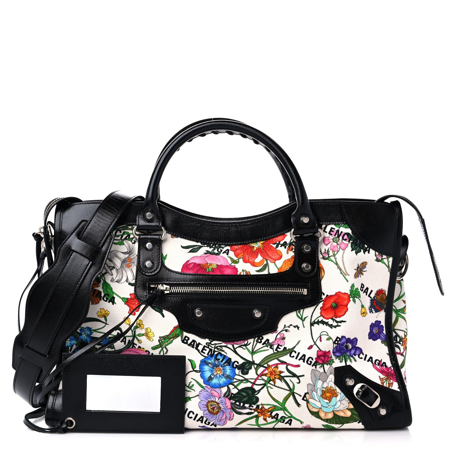 Balenciaga X GUCCI Canvas Azalea Calfskin Flora Logo Print Neo Classic Silver Hardware Medium City White Multicolor Black 1 of 11
