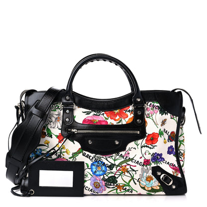 Balenciaga X GUCCI Canvas Azalea Calfskin Flora Logo Print Neo Classic Silver Hardware Medium City White Multicolor Black 1 of 11