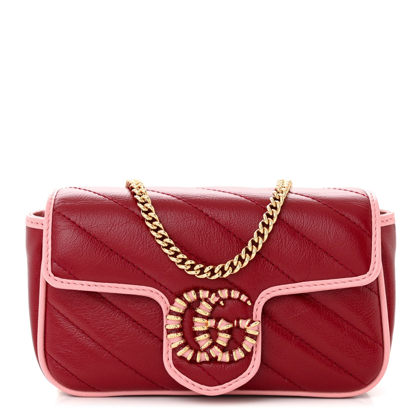 Azalea Calfskin Enamel Matelasse Diagonal Super Mini Torchon GG Marmont Shoulder Bag New Cherry Red Wild Rose