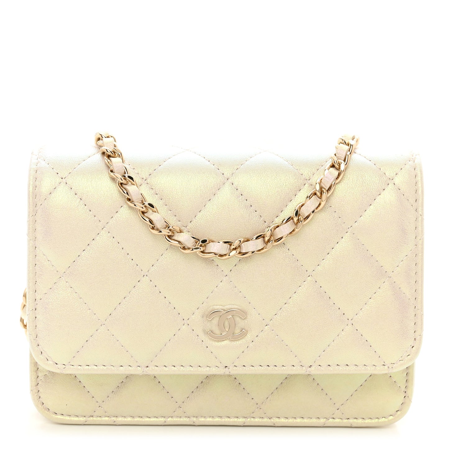 Iridescent Lambskin Quilted Mini Wallet On Chain WOC Ivory
