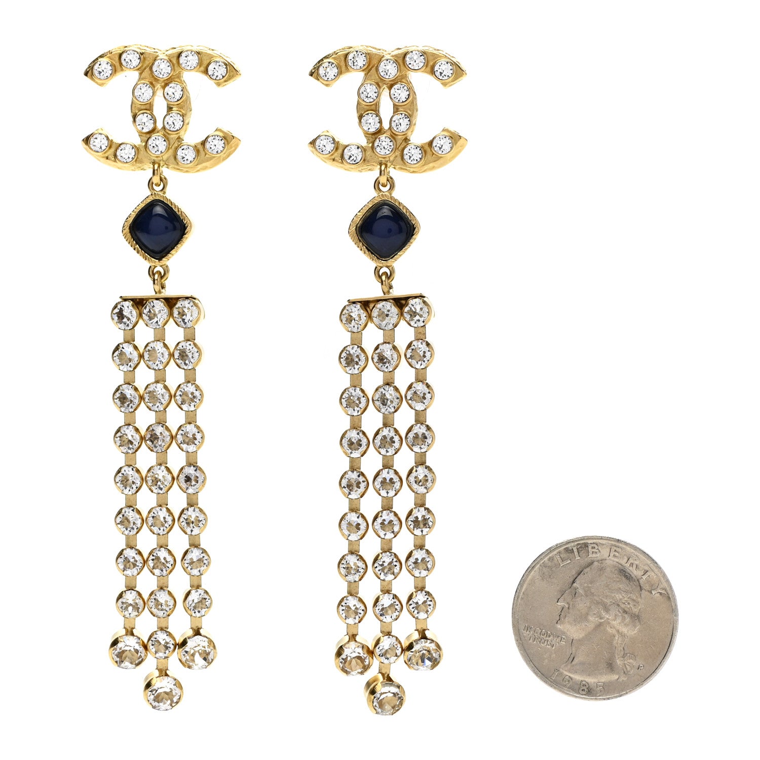 Chanel Resin Crystal CC Drop Earrings Gold Blue 2 of 5