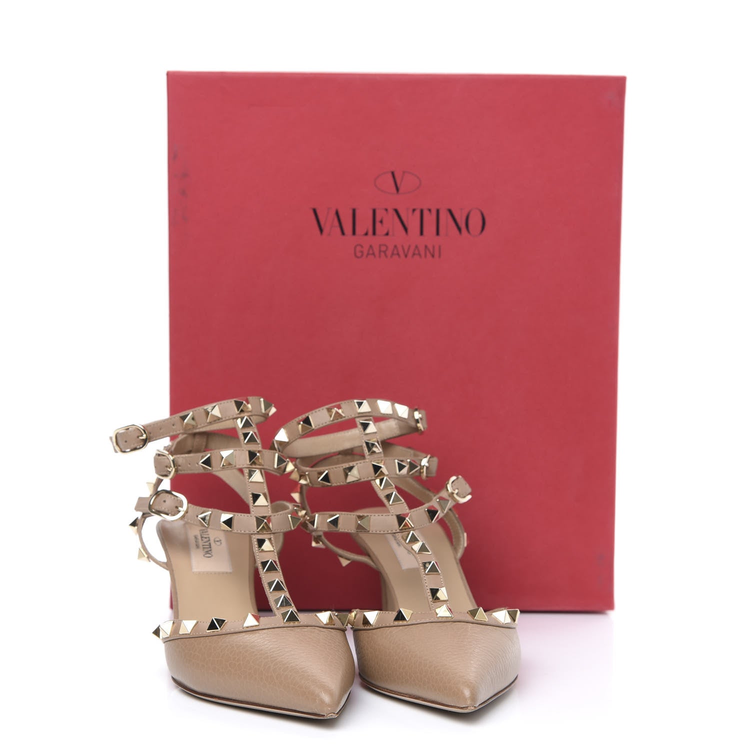Valentino Garavani Pebbled Calfskin Rockstud Ankle Strap Low Heel Pumps 35.5 Poudre 9 of 9