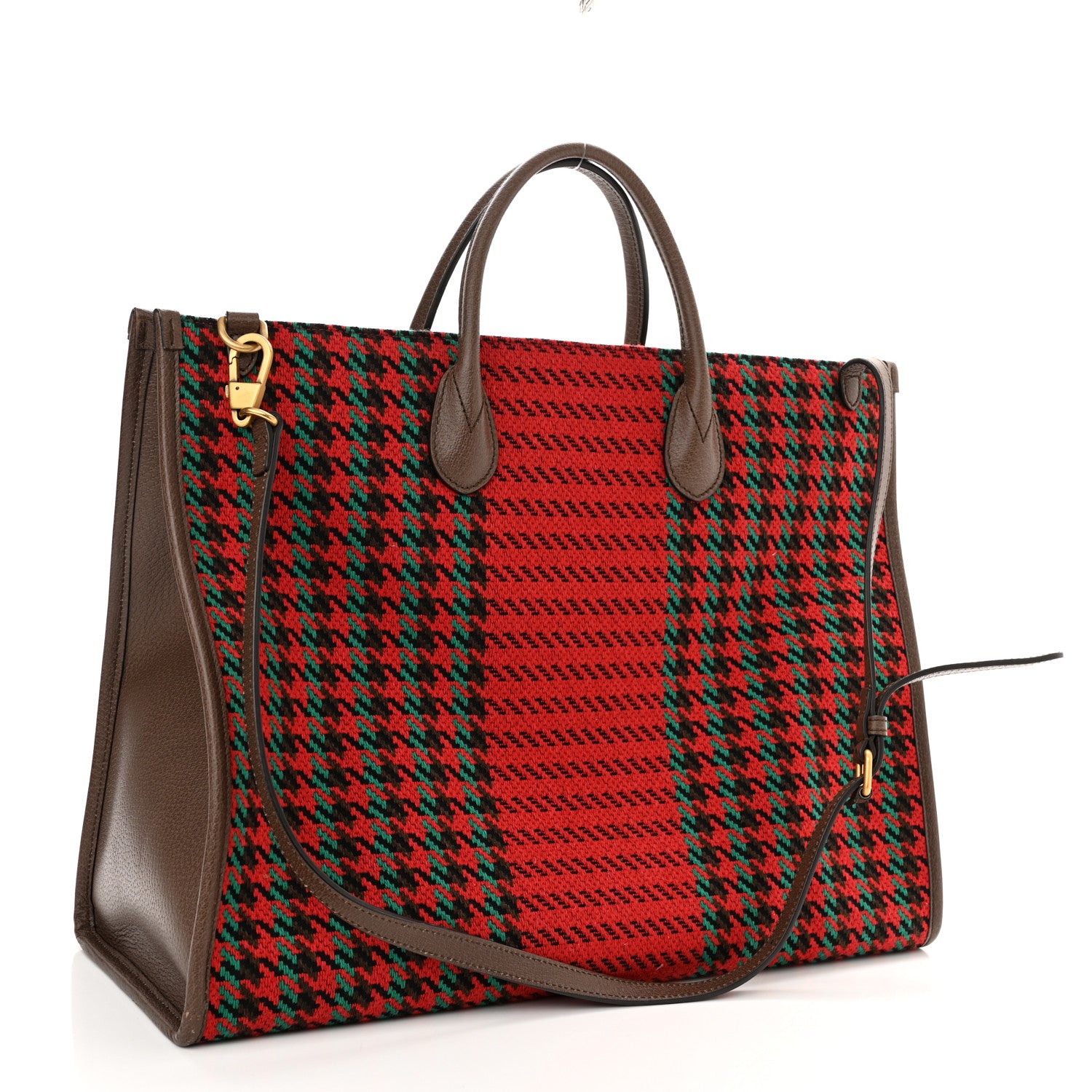Gucci Cotton Wool Textured Calfskin Houndstooth Woven Large Interlocking G Tote Red Green Ivory Multicolor New Acero 3 of 11