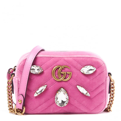 Gucci Velvet Matelasse Marquise Crystals Mini GG Marmont Chain Shoulder Bag Malva 1 of 8