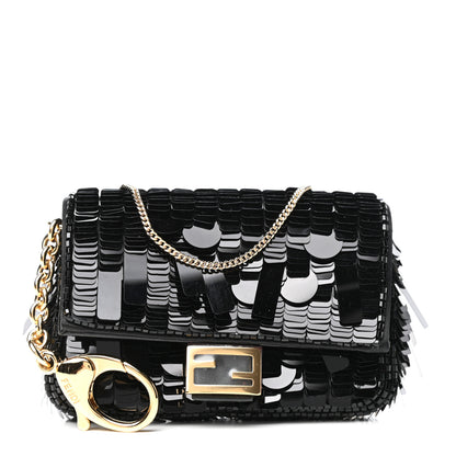 Fendi Sequin Paillettes Shiny Nappa Sex and the City Nano Baguette Belt Charm Black 1 of 9