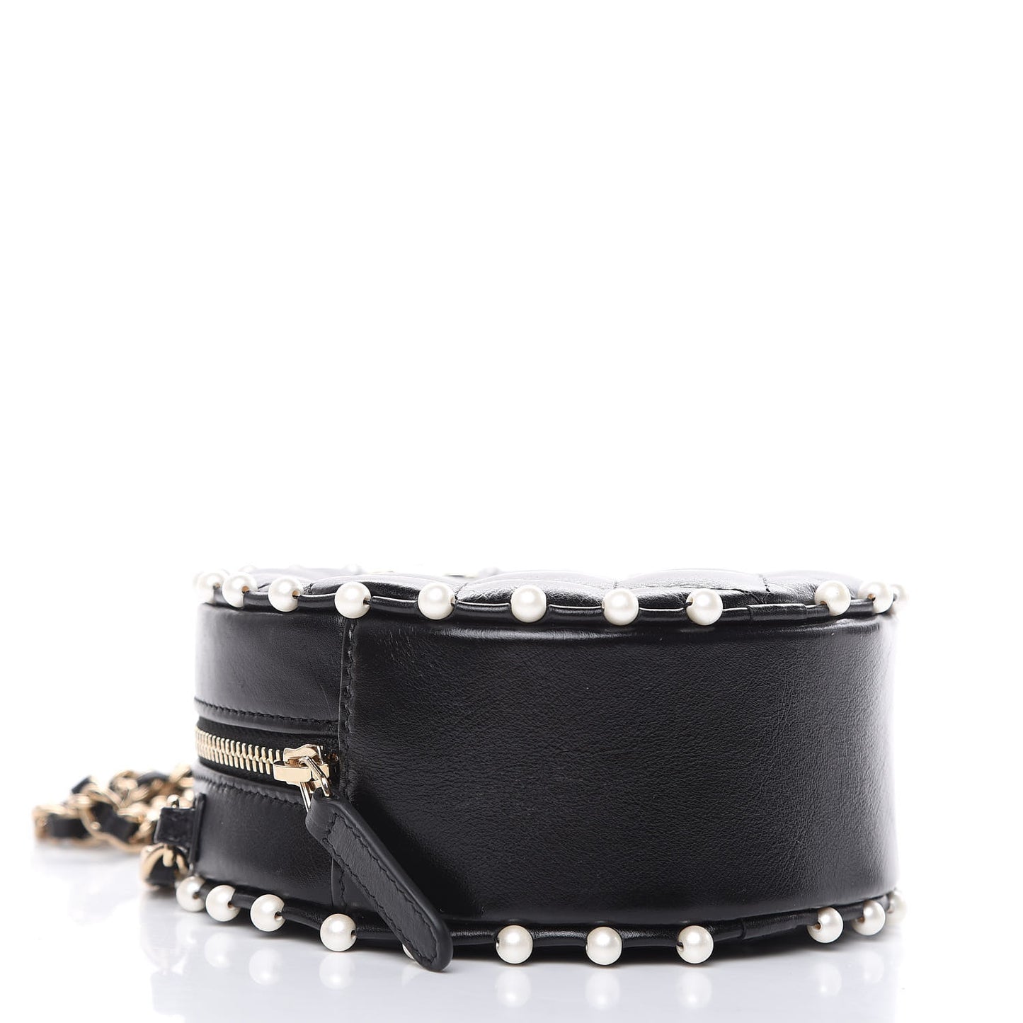 Calfskin Quilted Pearl Round Clutch With Chain Black