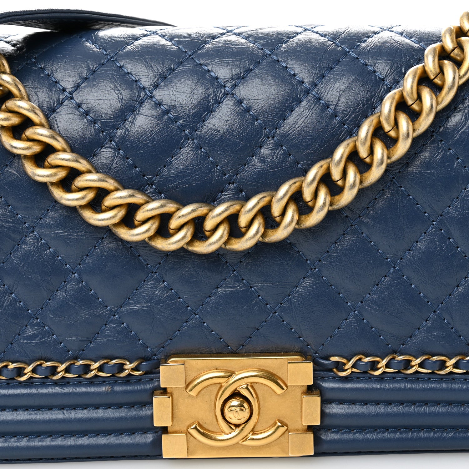 Chanel Aged Calfskin Quilted Medium Chain Detail Boy Flap Blue 8 of 10