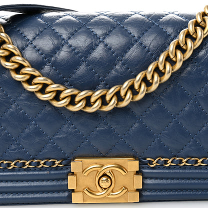 Chanel Aged Calfskin Quilted Medium Chain Detail Boy Flap Blue 8 of 10