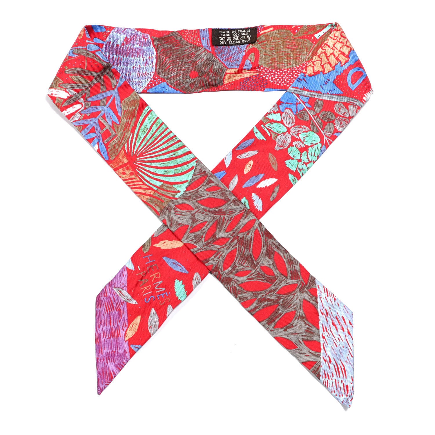 Hermes Silk Chacun Fait Son Nid Twilly Rouge Bleu Violet 1 of 4