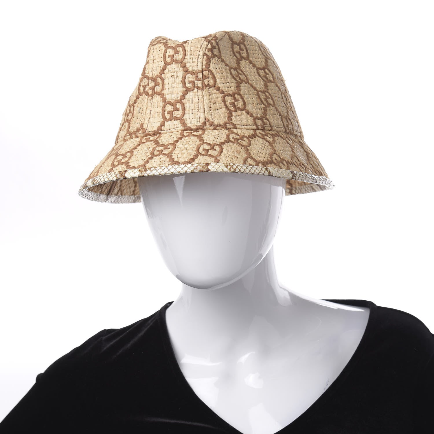 Gucci Raffia Elaphe GG Monogram Embroidered Basmaa Fedora Hat M Ivory Dark Brown 2 of 7