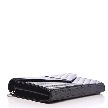 Saint Laurent Grain De Poudre Matelasse Chevron Monogram Chain Wallet Black 4 of 9