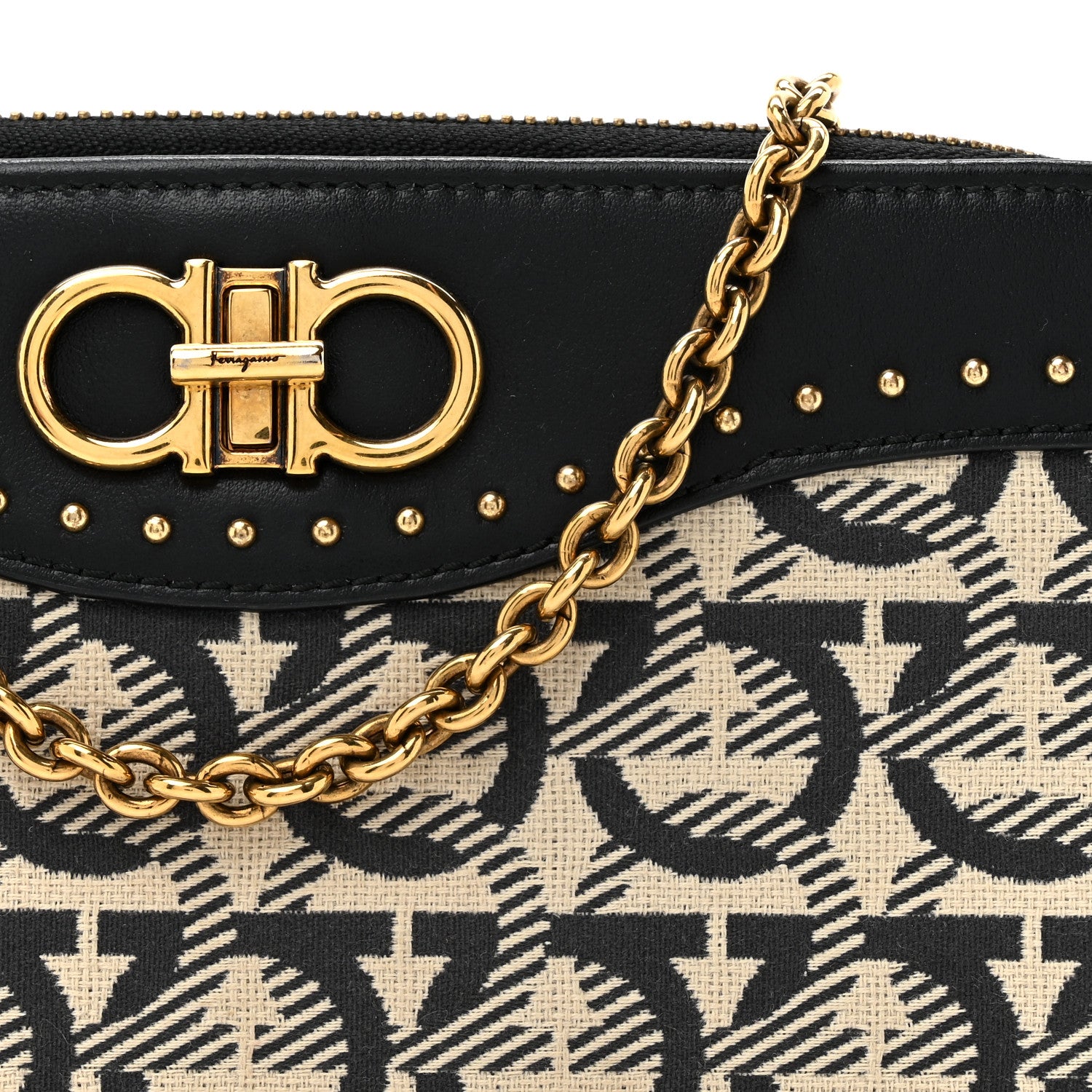 Salvatore Ferragamo Canvas Calfskin Gancini Wallet On Chain Black Beige 8 of 11