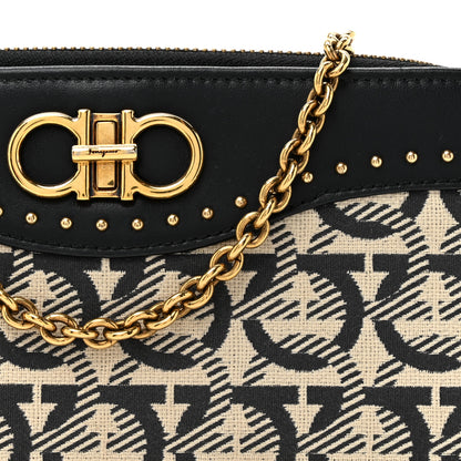 Salvatore Ferragamo Canvas Calfskin Gancini Wallet On Chain Black Beige 8 of 11