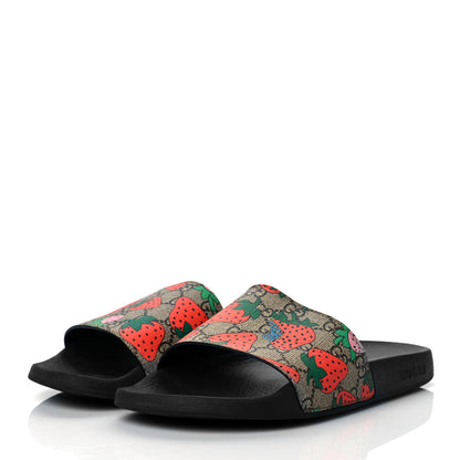 Gucci GG Supreme Monogram Strawberry Slide Sandals 41 Beige Multicolor 3 of 7