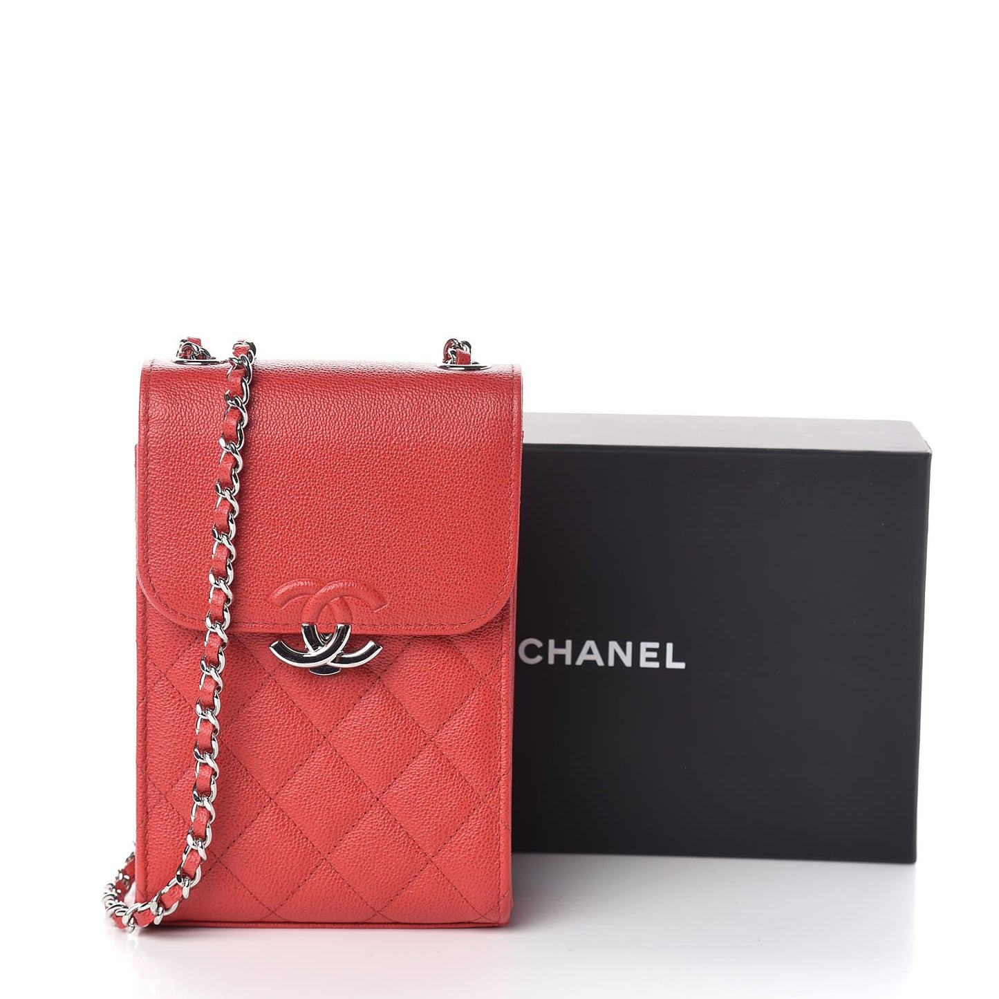Grained Calfskin Quilted CC Box Clutch With Chain Red