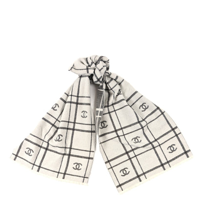 Chanel Wool Cashmere CC Scarf White Grey 1 of 3