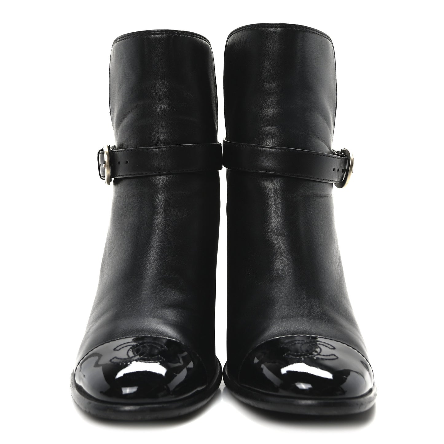 Calfskin Patent Cap Toe Interlocking CC Ankle Boots 39 Black