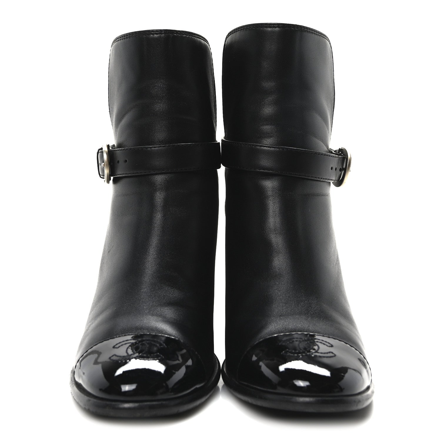Chanel Calfskin Patent Cap Toe Interlocking CC Ankle Boots 39 Black 3 of 10