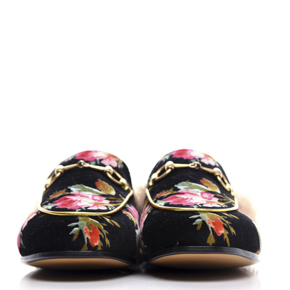Gucci Velvet Fur Floral Womens Princetown Slippers 36 Black 2 of 10