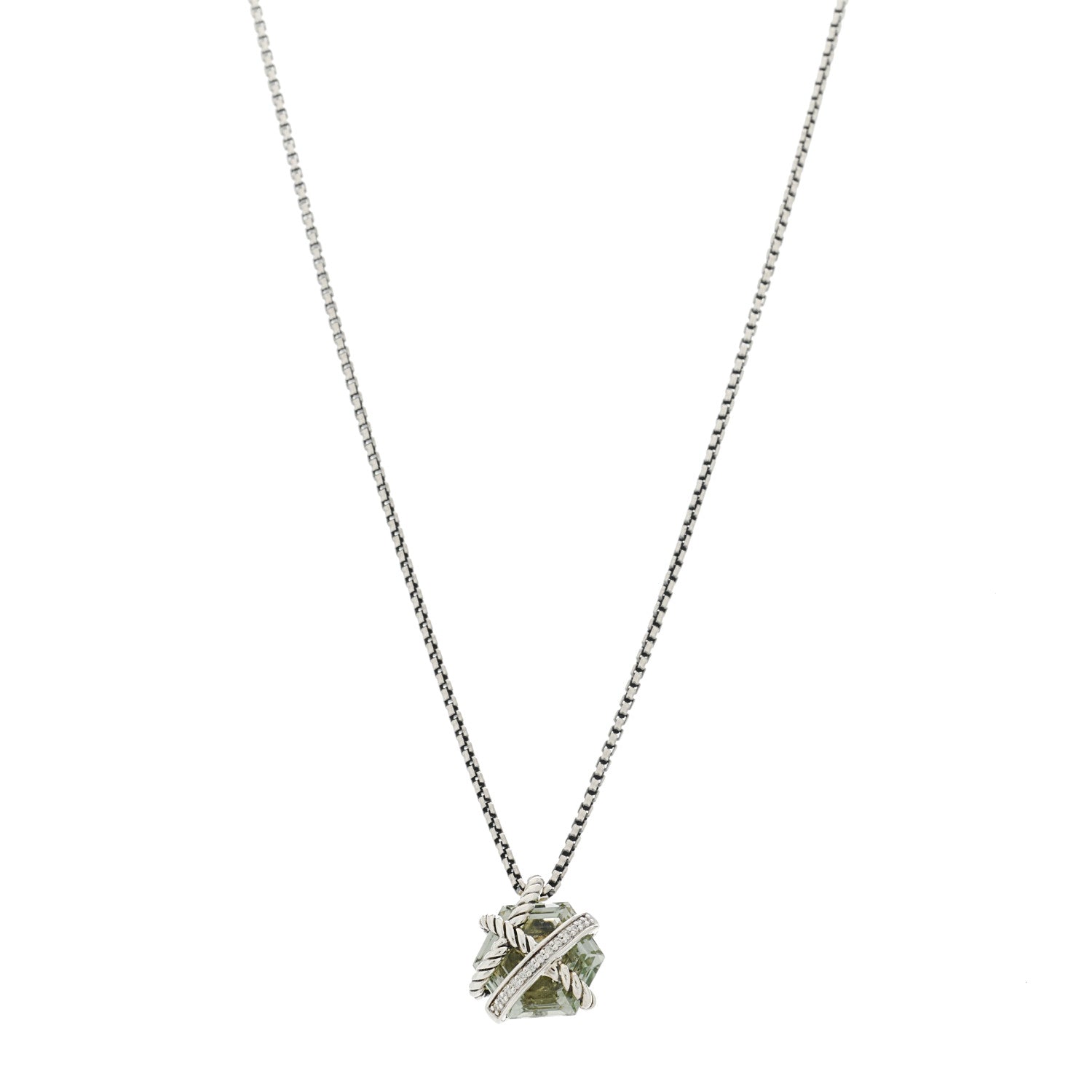 David Yurman Sterling Silver Diamond Prasiolite 10mm Petite Cable Wrap Pendant Necklace 1 of 5