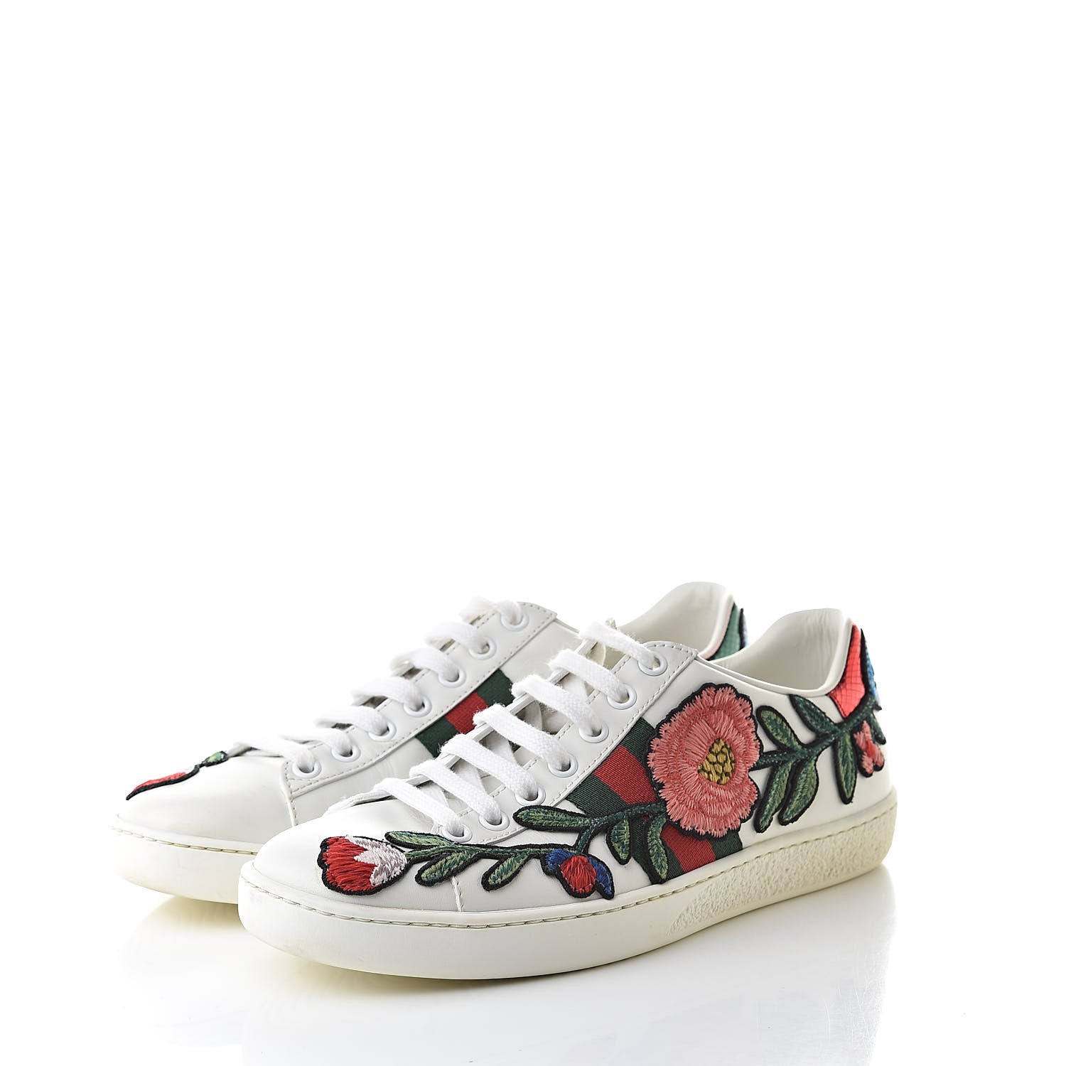 Gucci Calfskin Web Floral Embroidered Womens Ace Sneakers 35.5 White 3 of 11