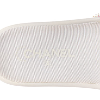 Chanel Tweed Grosgrain Camellia Flat Sandals 37 Ivory Ecru Green 9 of 10