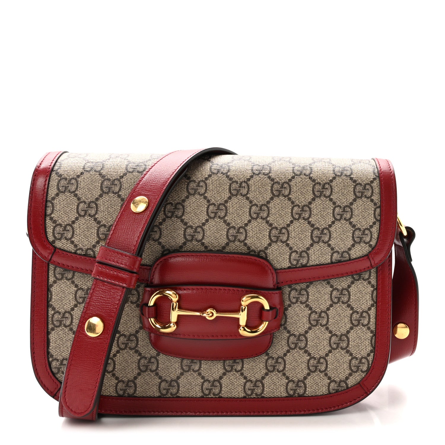 Gucci GG Supreme Monogram Azalea Calfskin Horsebit 1955 Shoulder Bag Beige Ebony New Cherry Red 1 of 10