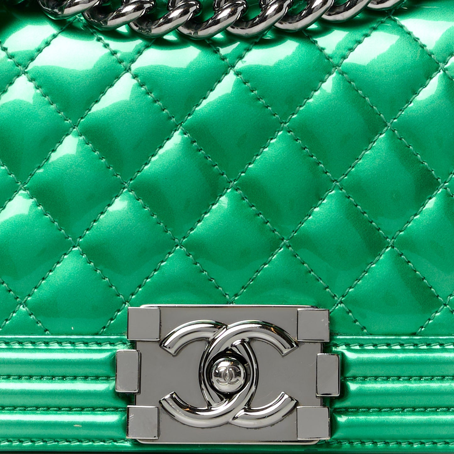 Metallic Patent Calfskin Quilted Small Boy Flap Green