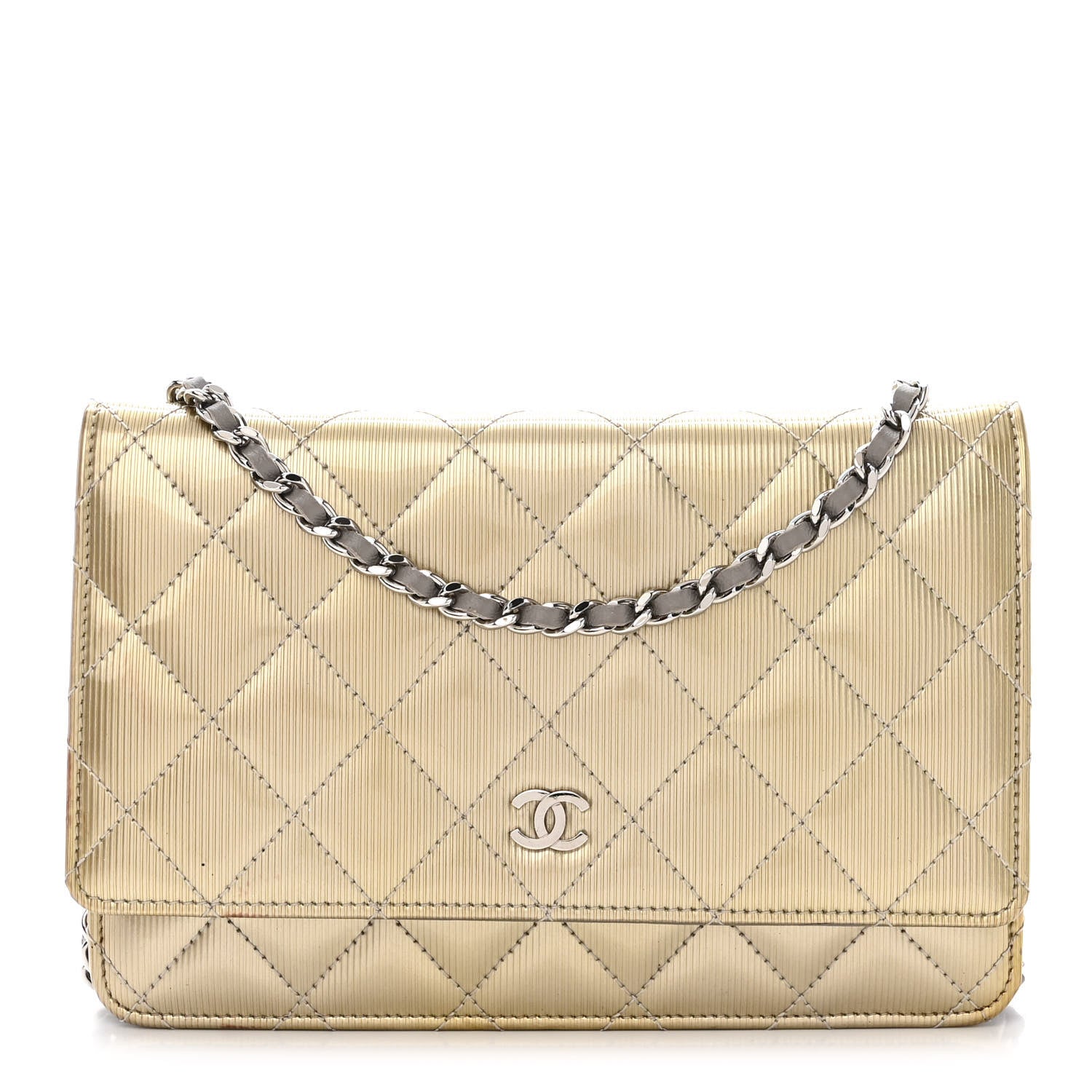 Chanel Striated Patent Quilted Wallet On Chain WOC Beige 1 of 12