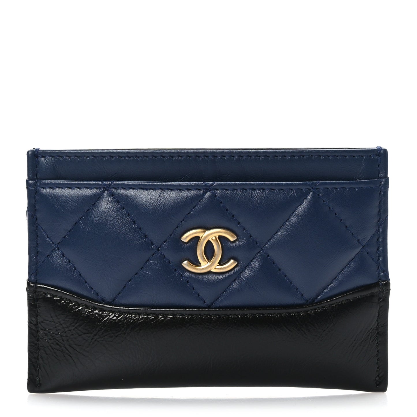 Aged Calfskin Quilted Gabrielle Card Holder Wallet Navy Black