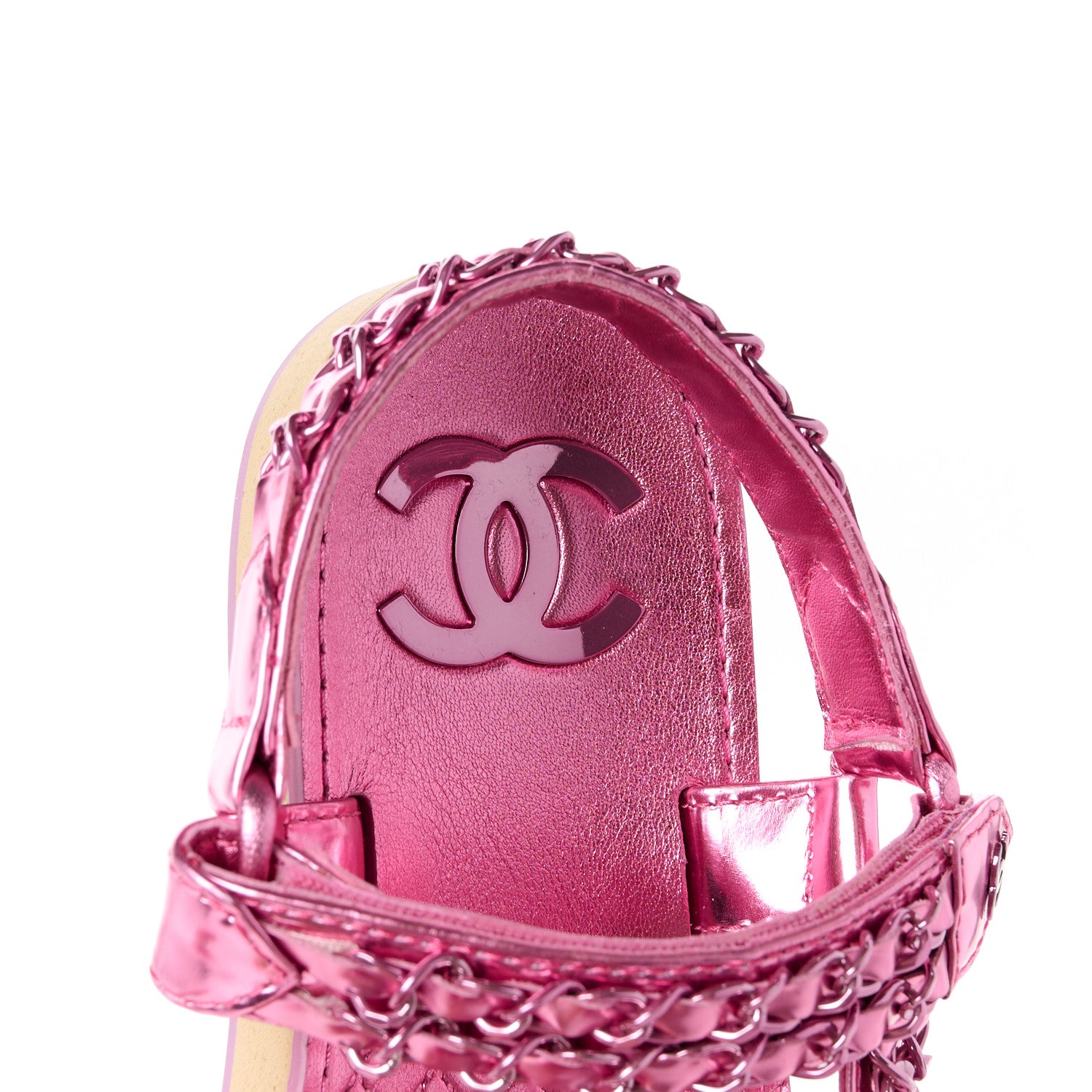 Chanel Metallic Laminated Goatskin Chain Flat Sandals 36 Fuchsia 7 of 8