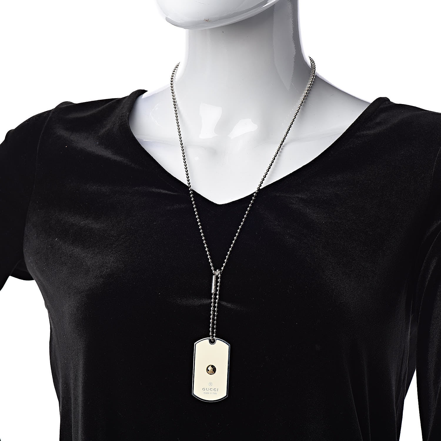 Gucci Sterling Silver 18K Yellow Gold Enamel Grammy Dog Tag Necklace White 2 of 4