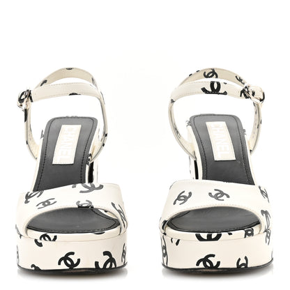 Chanel Printed Lambskin Coco Beach Platform Sandals 37 White Black 2 of 7