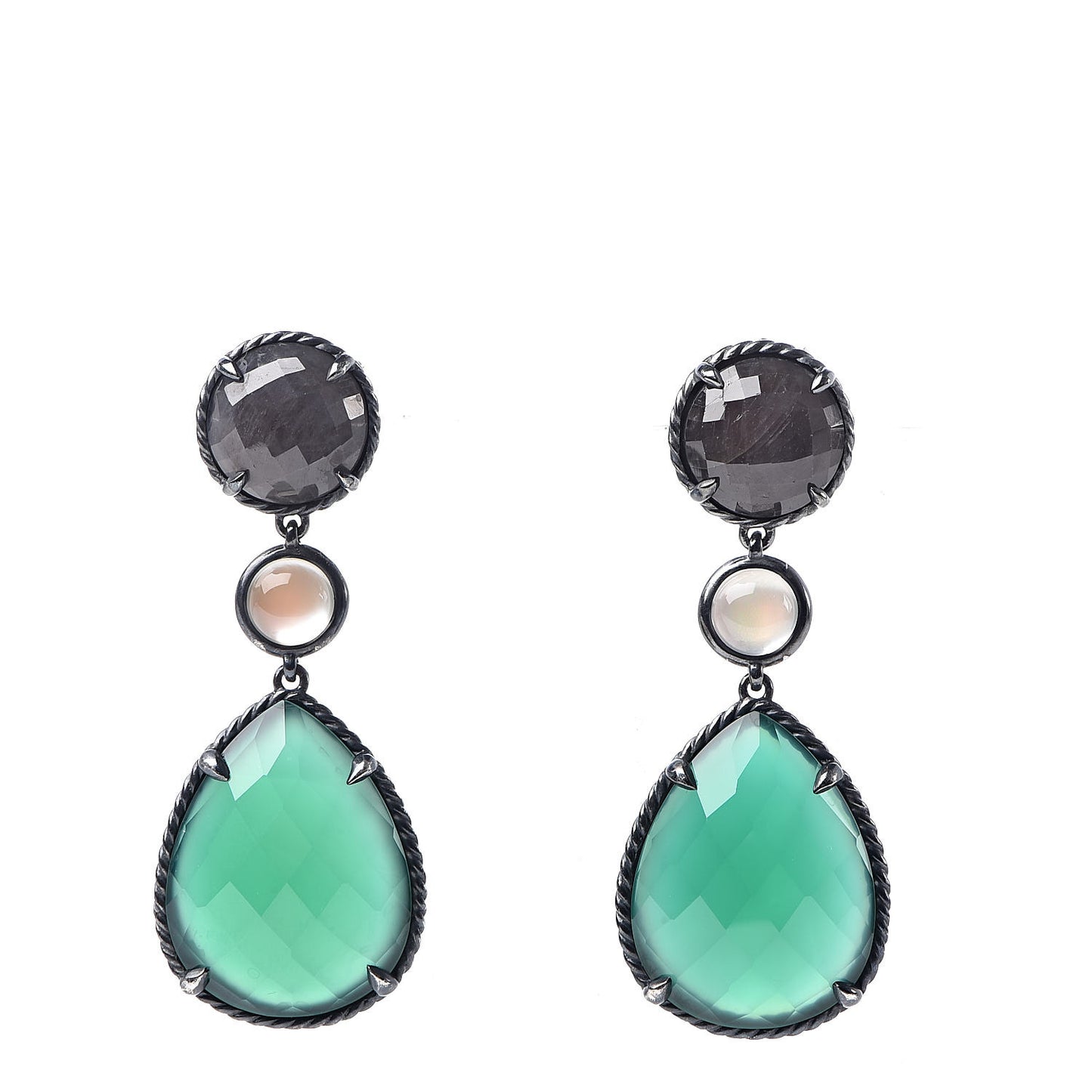 Sterling Silver Grey Sapphire Green Onyx Moonstone Chatelaine Triple Drop Earrings