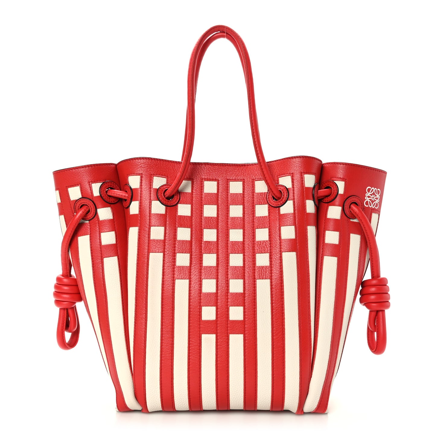 Calfskin Grid Flamenco Knot Tote Red White
