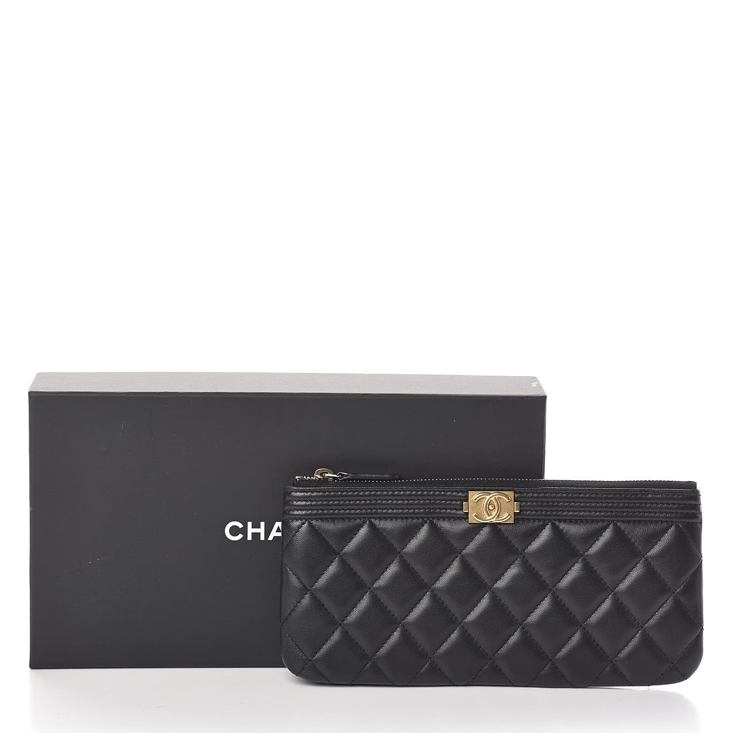 Lambskin Quilted Small Boy Zipped Pouch Black