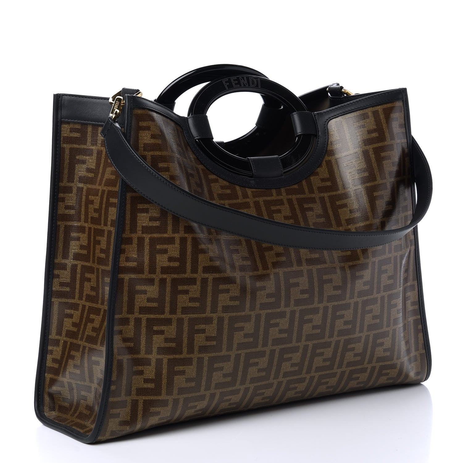 Fendi Glazed Fabric Vitello Century Plexiglass FF 1974 Stamp Patch Medium Runaway Shopper Tote Mogano Panna Black 3 of 10